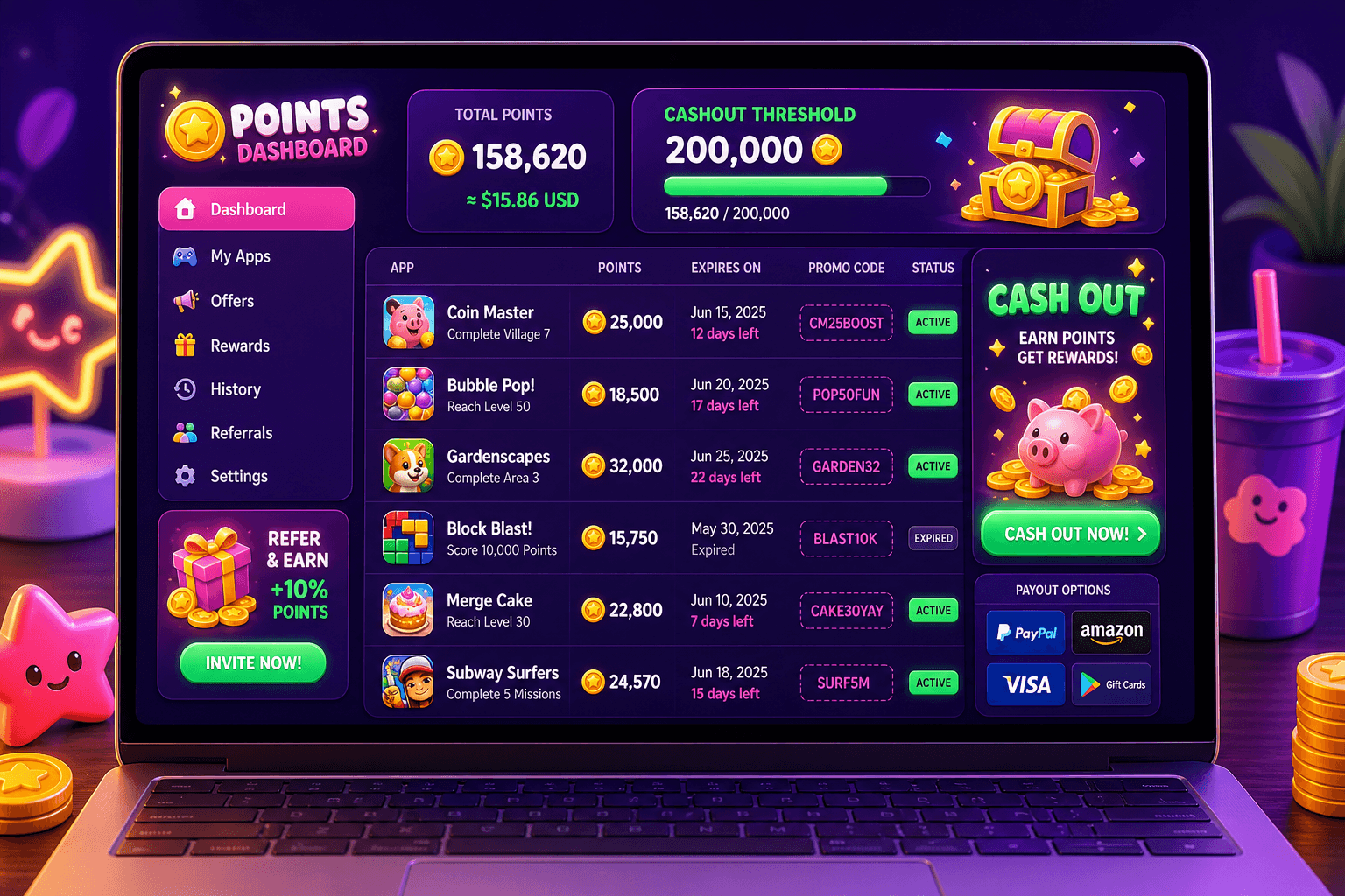 Track all your app points and promo codes in one simple sheet